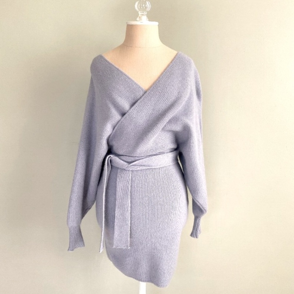 Hidden Label Mini Lavender Grey Blue Wrap Sweater Dress Small Plunge V Neck EUC